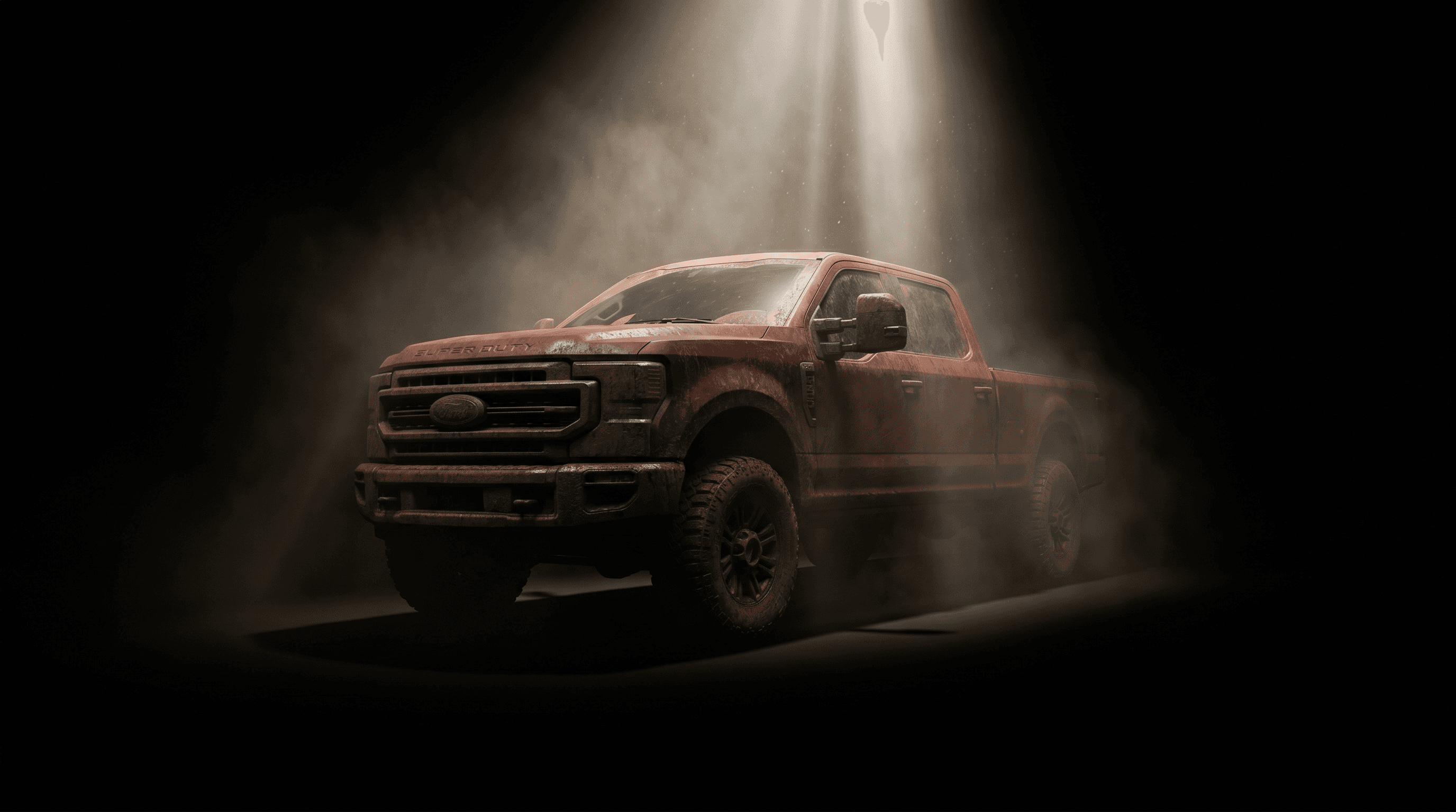 Lifted custom truck under studio light at Small Town American Customs in Broken Arrow, OK